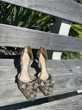 Gucci Brown GG Canvas Open-Side Heels with Gold Horsebit